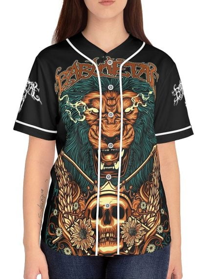 Woman Gold Lion Skull Baseball Jersey on a Model Front