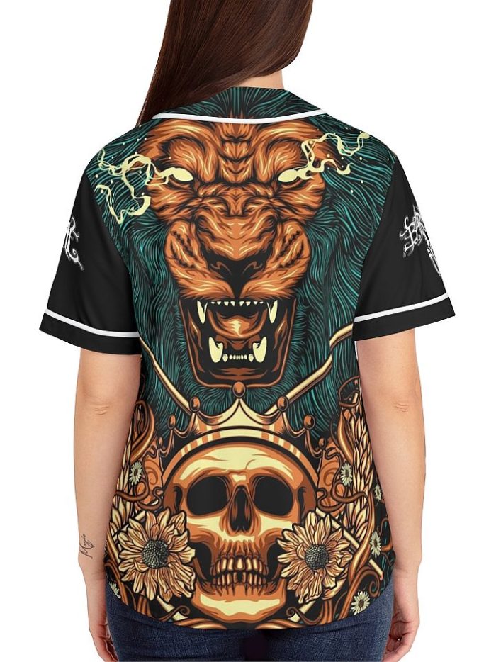 Woman Gold Lion Skull Baseball Jersey on a Model Back