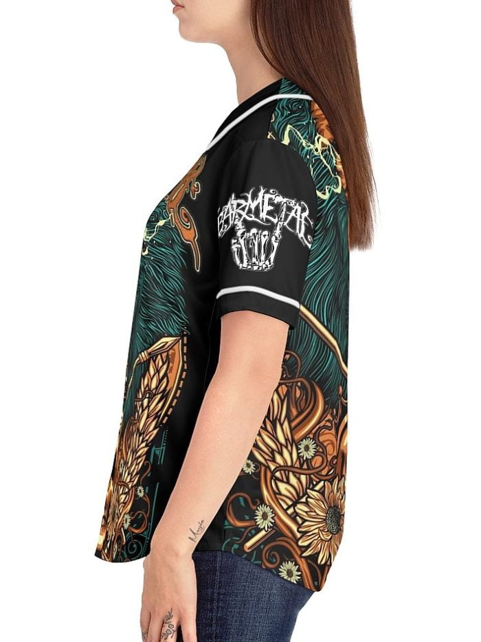 Woman Gold Lion Skull Baseball Jersey on a Model Left Side