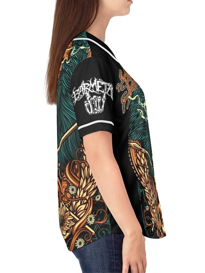 Woman Gold Lion Skull Baseball Jersey on a Model Right Side