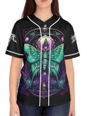 Woman Fantasy Green Butterfly Baseball Jersey on a Model Front