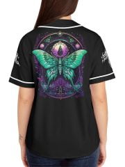 Woman Fantasy Green Butterfly Baseball Jersey on a Model Back