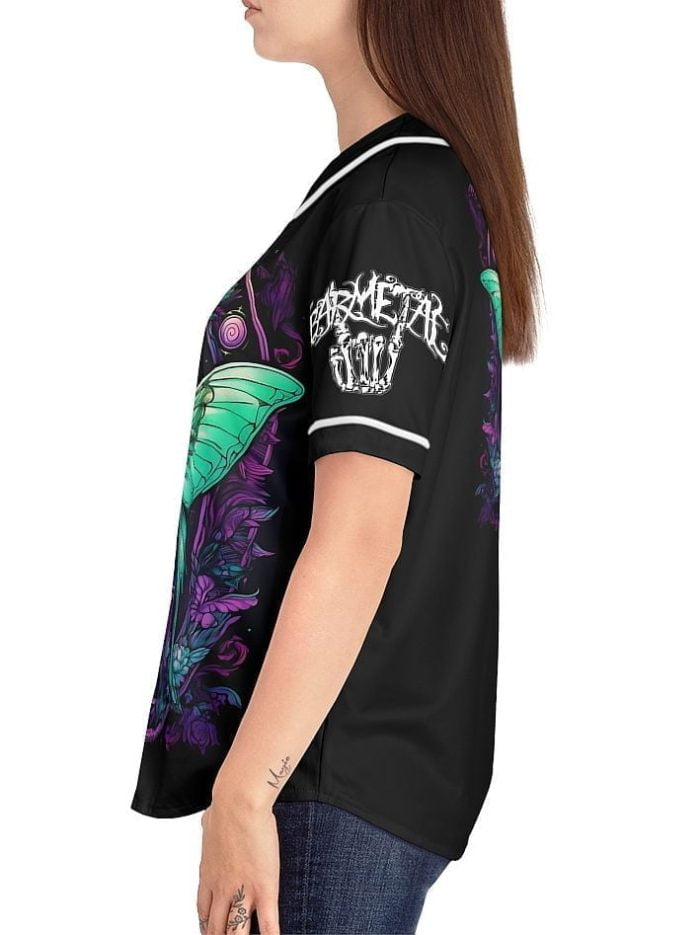 Woman Fantasy Green Butterfly Baseball Jersey on a Model Left Side