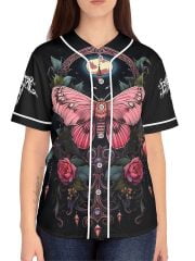 Woman Pink Butterfly Baseball Jersey on a Model Front