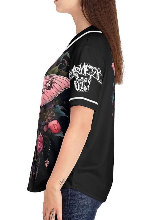 Woman Pink Butterfly Baseball Jersey on a Model Left Side