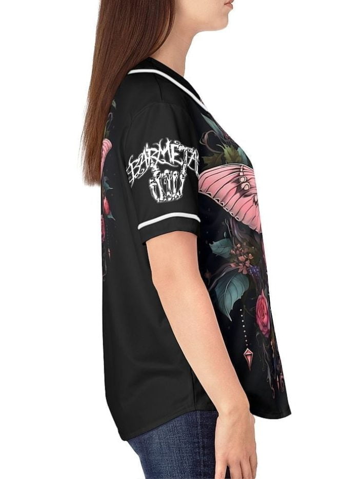 Woman Pink Butterfly Baseball Jersey on a Model Right Side