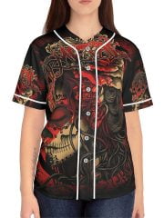 Woman Polka Trash La Catrina Baseball Jersey on a Model Front