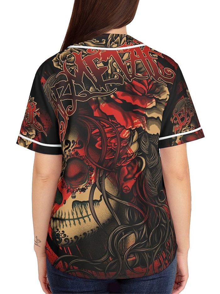 Woman Polka Trash La Catrina Baseball Jersey on a Model Back