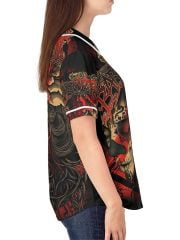 Woman Polka Trash La Catrina Baseball Jersey on a Model Right Side