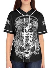 Woman Black White La Catrina Baseball Jersey on a Model Front