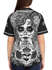 Woman Black White La Catrina Baseball Jersey on a Model Back