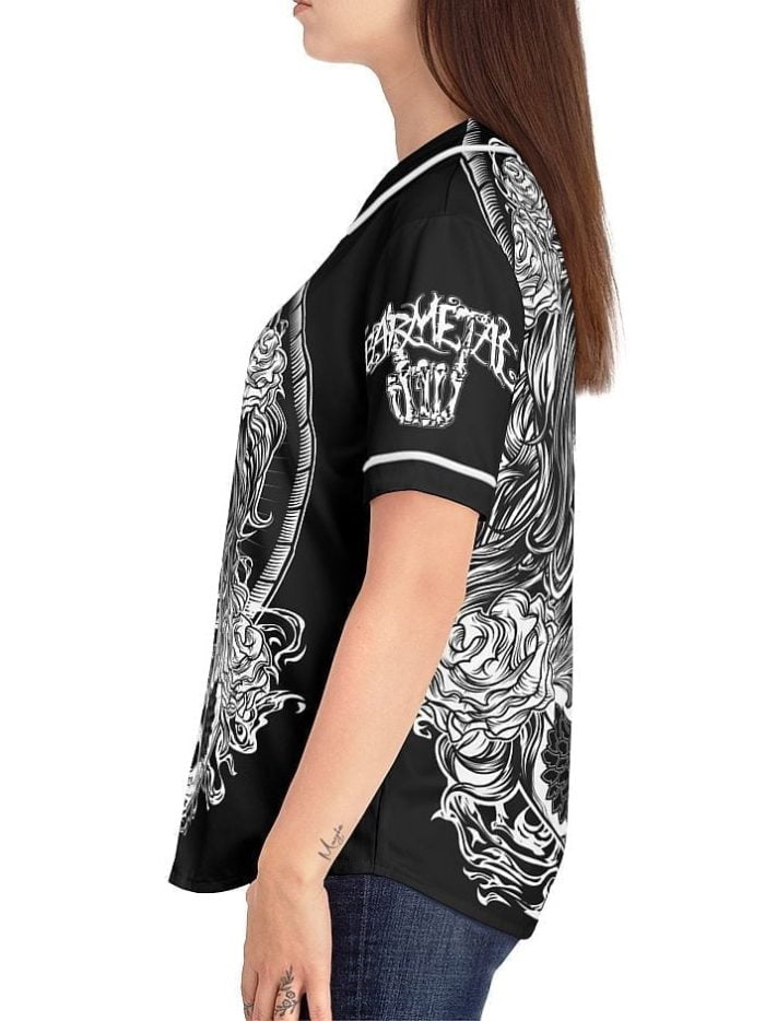 Woman Black White La Catrina Baseball Jersey on a Model Left Side