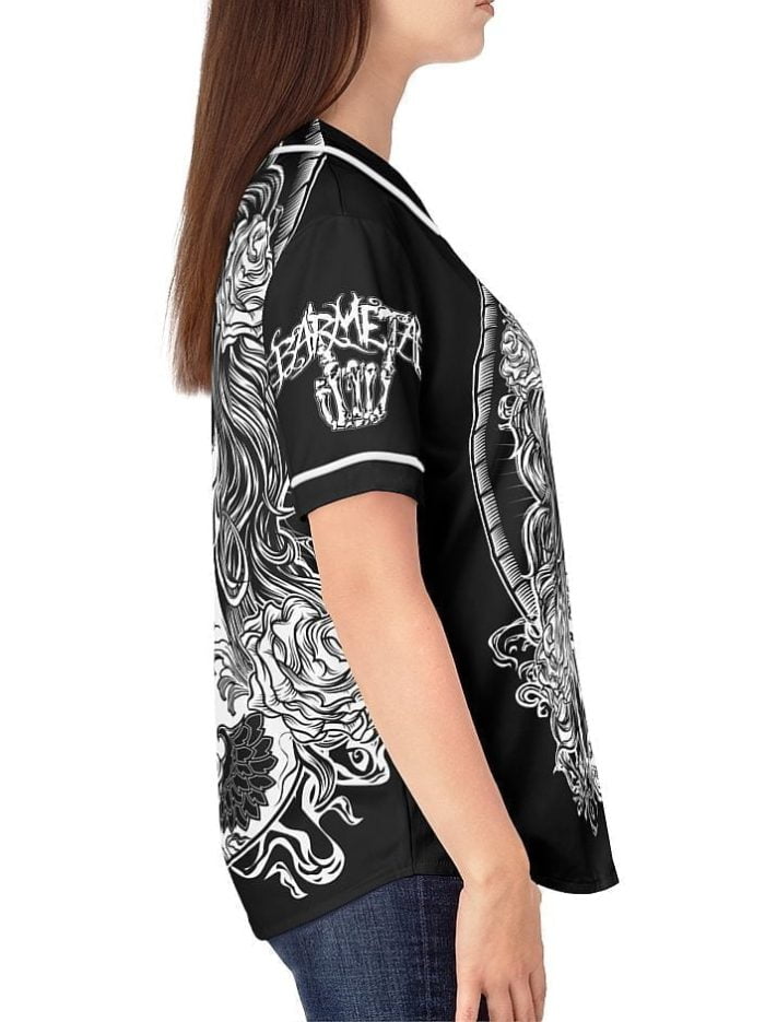 Woman Black White La Catrina Baseball Jersey on a Model Right Side