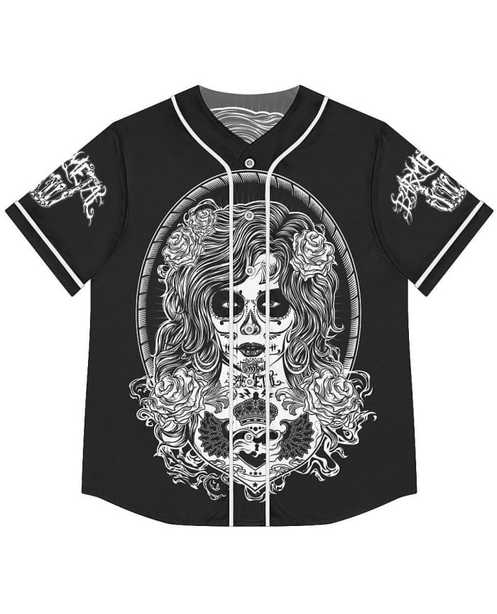 Woman Black White La Catrina Baseball Jersey Front