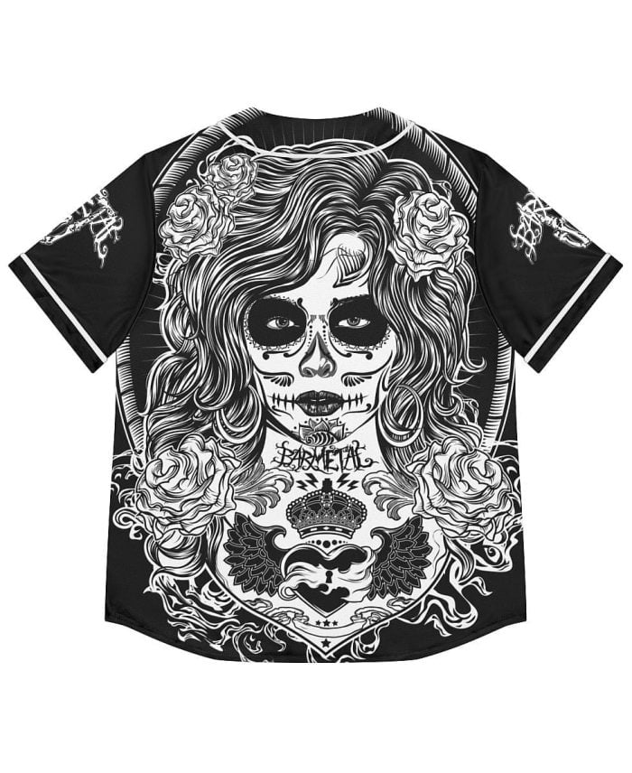 Woman Black White La Catrina Baseball Jersey on a Model Back