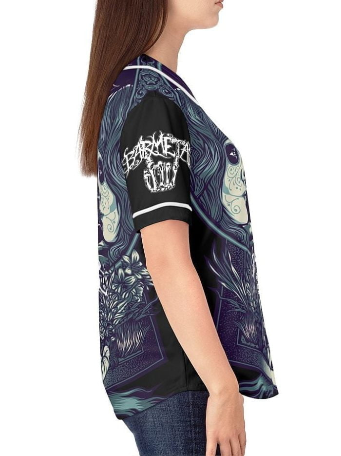 Woman La Catrina Mexican Art Baseball Jersey on a Model Right Side