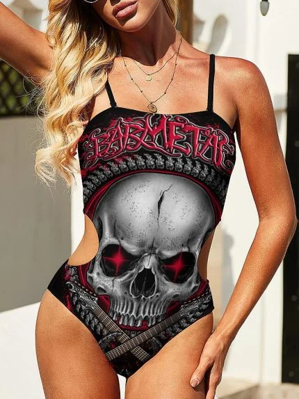 Swimwear Skull Steampunk Guitar Tattoo Art Swimsuit on a Model Front