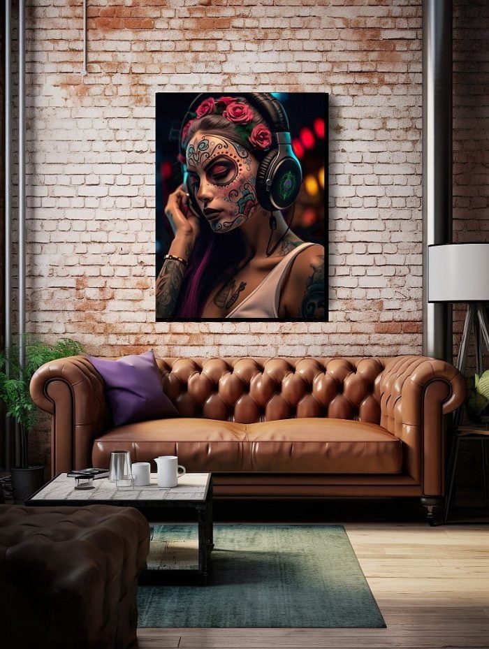 Canvas La Catrina with Headphones Dia de Los Muertos Living Room