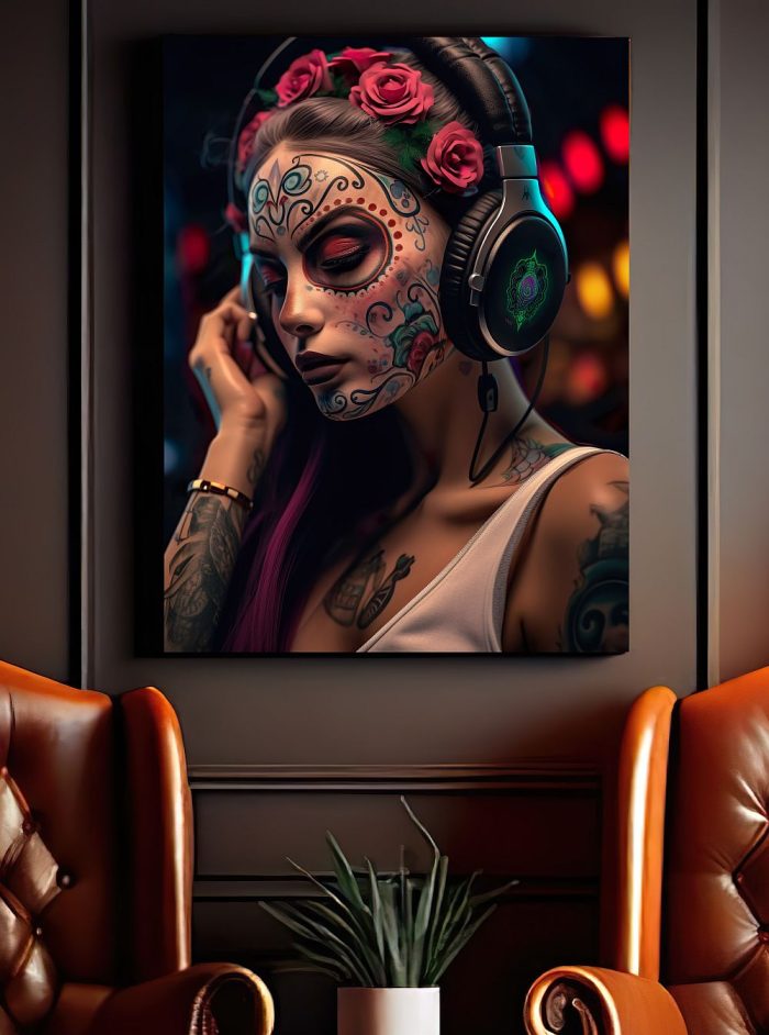 Canvas La Catrina with Headphones Dia de Los Muertos Smoker Lounge