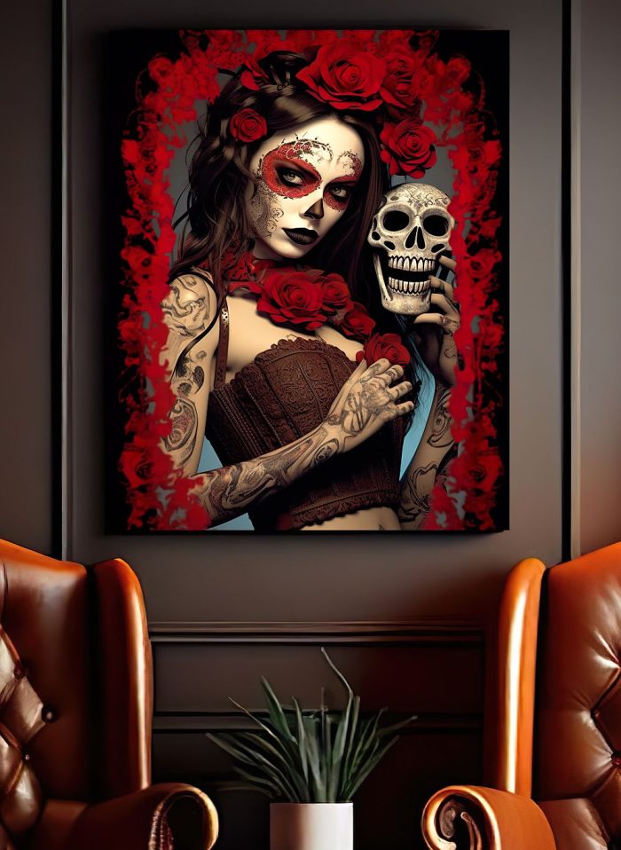 Red La Catrina Skull Canvas Mancave