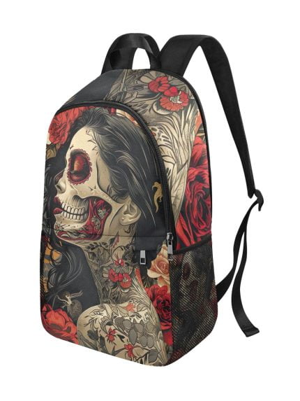 Red La Catrina Tattoo Art Backpack Side