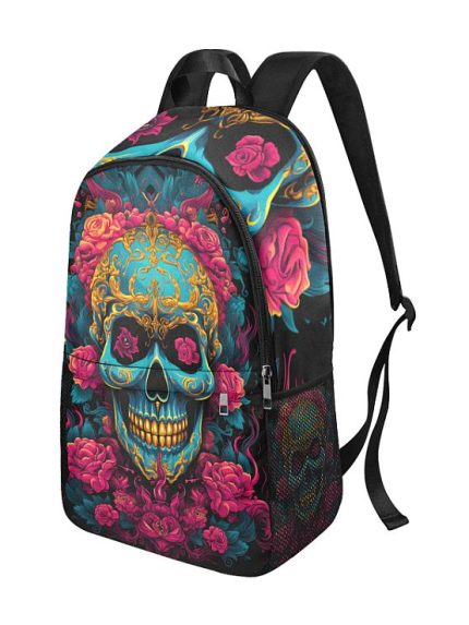 Blue Sugarskull Flowers Tattoo Art Backpack Side