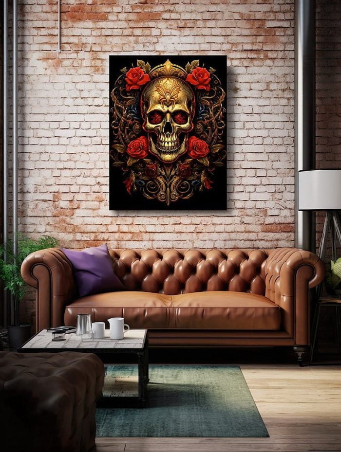 Canvas Fantasy Art Gold Skull Roses Living Room