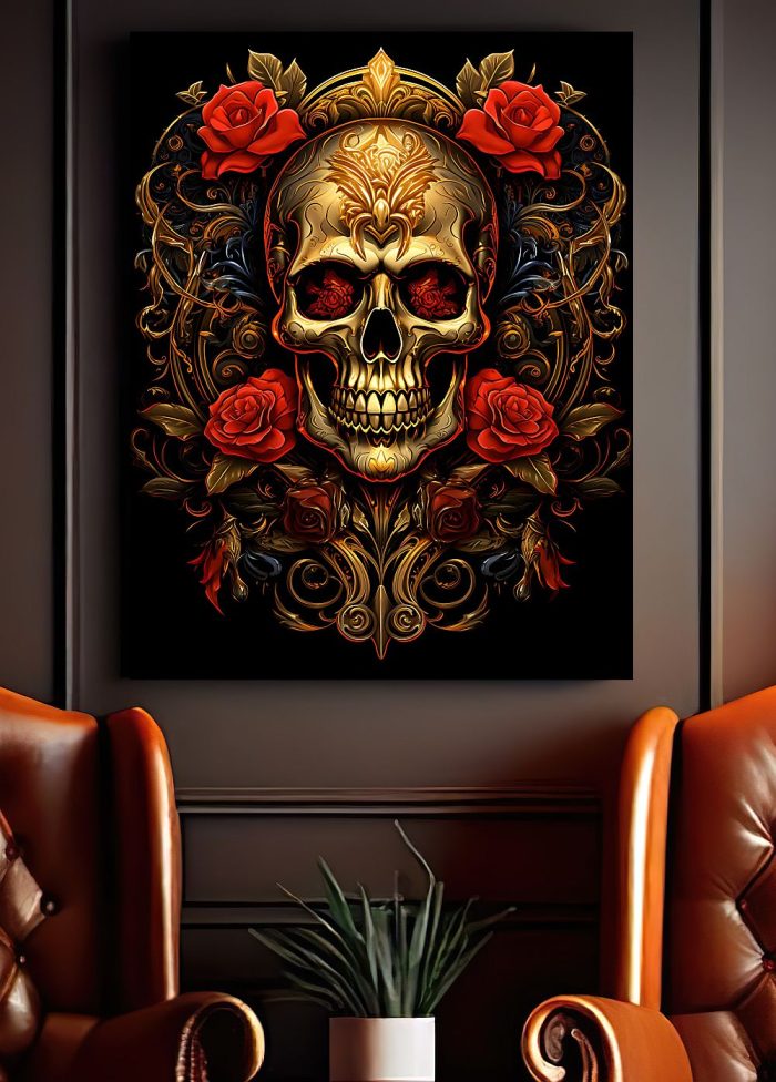 Canvas Fantasy Art Gold Skull Roses Mancave