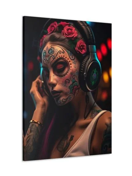 Canvas La Catrina with Headphones Dia de Los Muertos Front