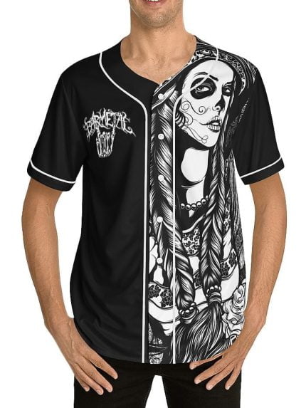 Mexican La Catrina Black White Baseball Jersey on a Model Front