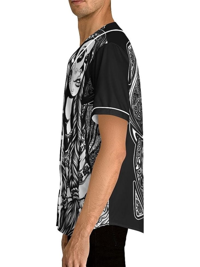 Mexican La Catrina Black White Baseball Jersey Left Side