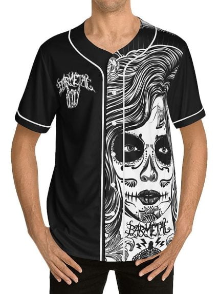 Black White La Catrina Tattoo Art Baseball Jersey on a Model Front