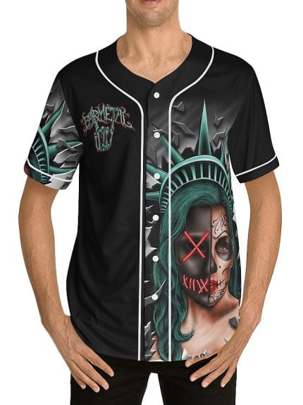 Purge Style La Catrina Lady Liberty Baseball Jersey on a Model front