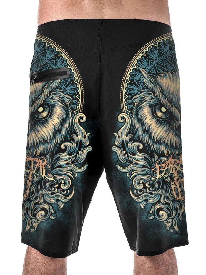 Blue Mandala Owl Boardshorts Back