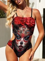 Swimwear Red Roses La Catrina Swimsuit on a Model Front