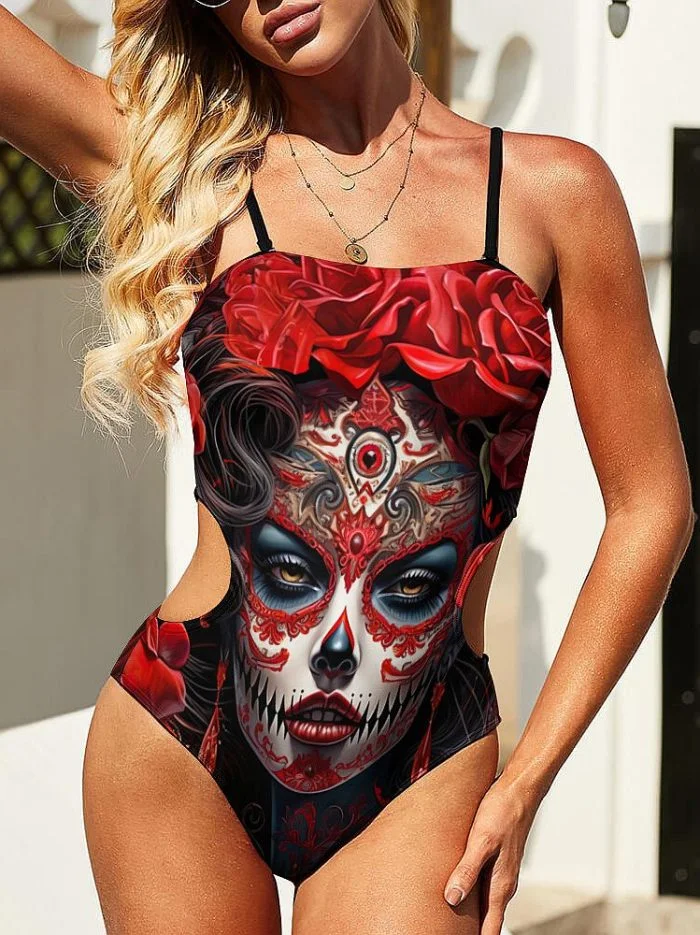 Swimwear Red Roses La Catrina Swimsuit on a Model Front