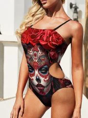 Swimwear Red Roses La Catrina Swimsuit on a Model Side