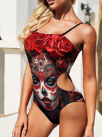 Swimwear Red Roses La Catrina Swimsuit on a Model Side