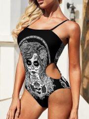 Swimwear Black White La Catrina Tattoo Art Swimsuit on a Model Side