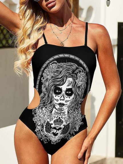 Swimwear Black White La Catrina Tattoo Art Swimsuit on a Model Front