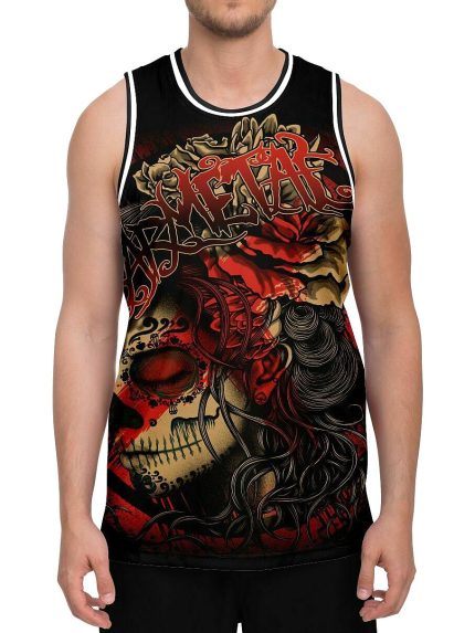 Polka Trash La Catrina Basketball Tank Front on a Model