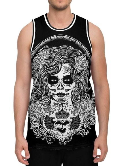 Tattoo Art La Catrina Basketball Tank Front on a Model