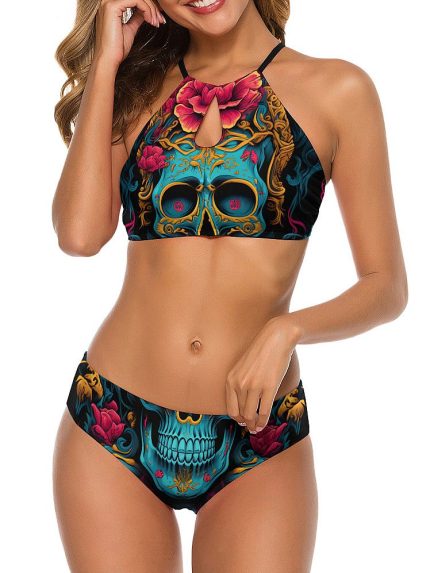 Swimwear Blue Skull and Flower Triangle Bikini on a Model Front