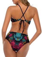 Swimwear Blue Skull and Flower Triangle Bikini on a Model Back