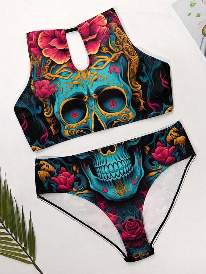 Swimwear Blue Skull and Flower Triangle Bikini Promo