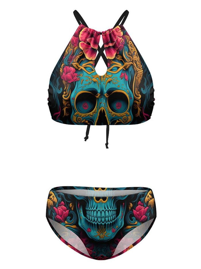 Swimwear Blue Skull and Flower Triangle Bikini Front