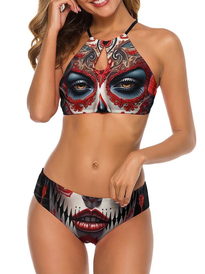 Swimwear La Catrina Roses Skull Triangle Bikini on a Model Front