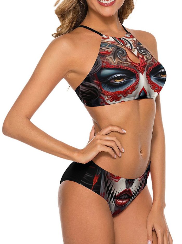 Swimwear La Catrina Roses Skull Triangle Bikini on a Model Side