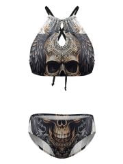 Swimwear White Skull Wings Triangle Bikini Front