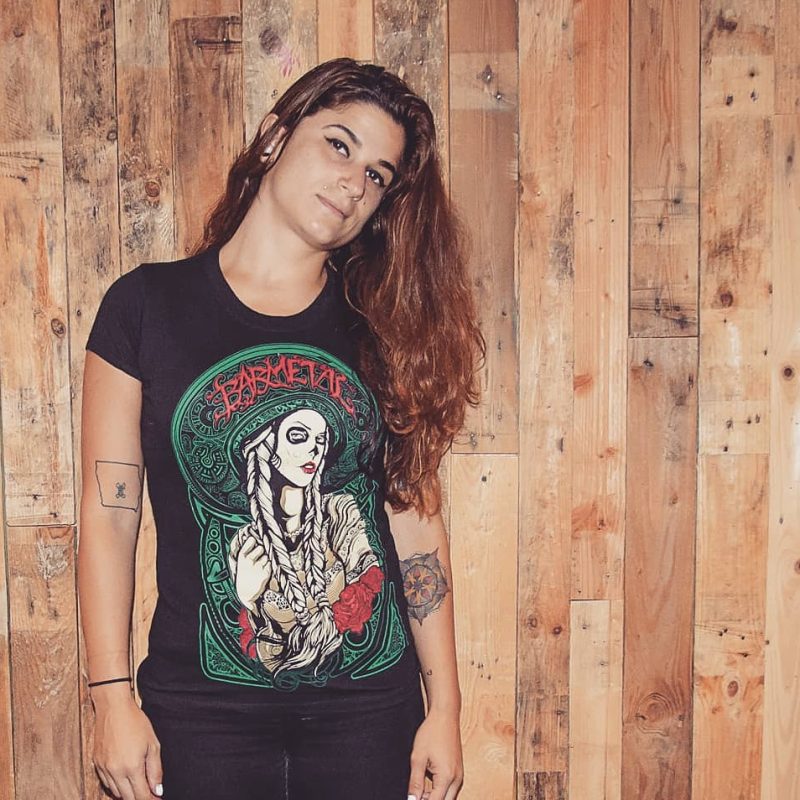 Chaney Crabb of Entheos wearing La Catrina Mexican Barmetal Tee